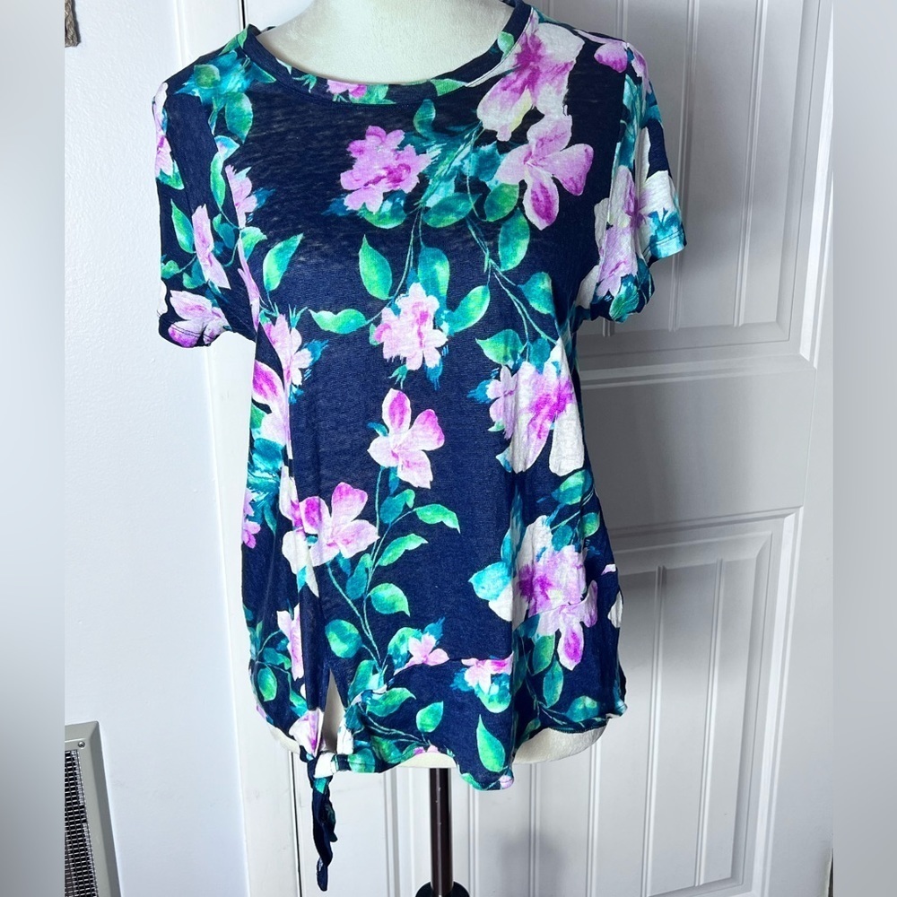 J JILL LOVE LINEN FLORAL PRINT SZ MP SUDE TIE NAVY PINK PURPLE MARLED FABRIC